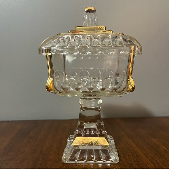 Mid-Century Modern gold-trimmed glass candy dish with a lid. - Picture 4 of 14